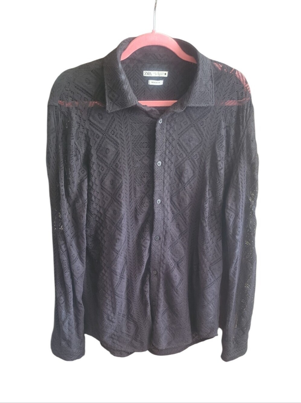 Zara black lace button-down shirt, size L